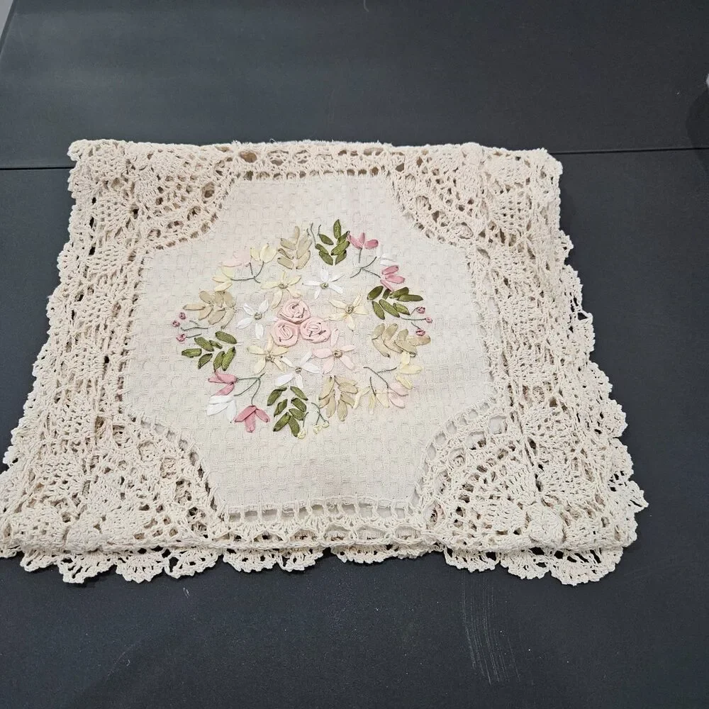 Crochet Floral Table Runner Embroidered Kitchen Home Dining Neutral Cottagecore